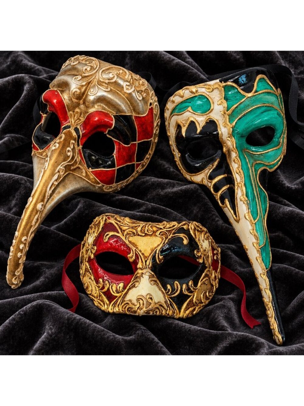 Venetian Carnival Mask Lot of 3 Hand Painted Sole Luna Naso Turco Decor EUC